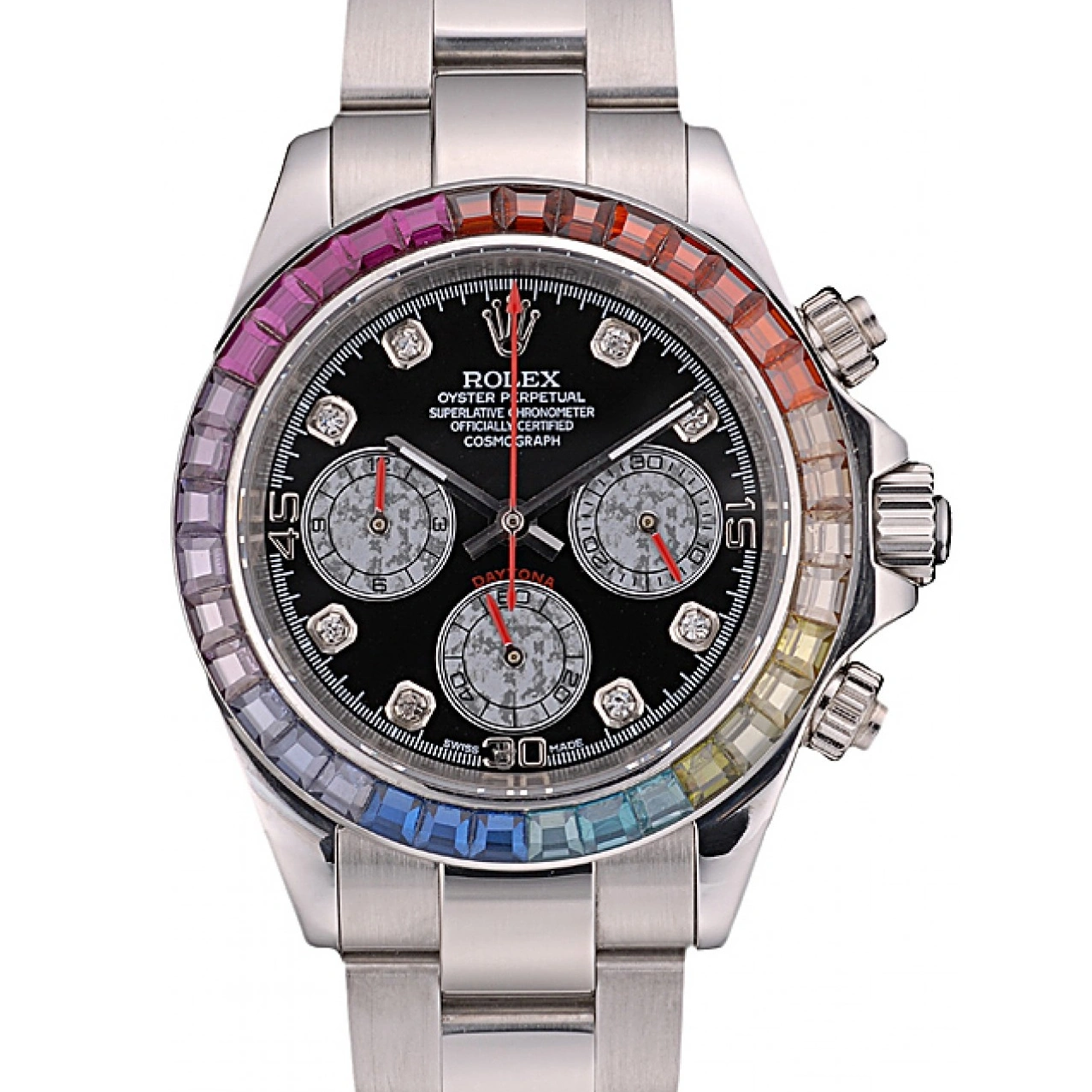 Aaa replica watch Steep Daytona Rainbow Dial 80250 Strap Bezel Stainless Cosmograph Black Crystals Rolex 1013